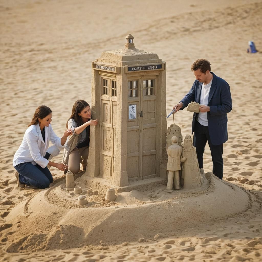 #drwho #doctorwho The Doctor and companions shaping a sand castle in the form of a TARDIS  by @Dave Yadallee