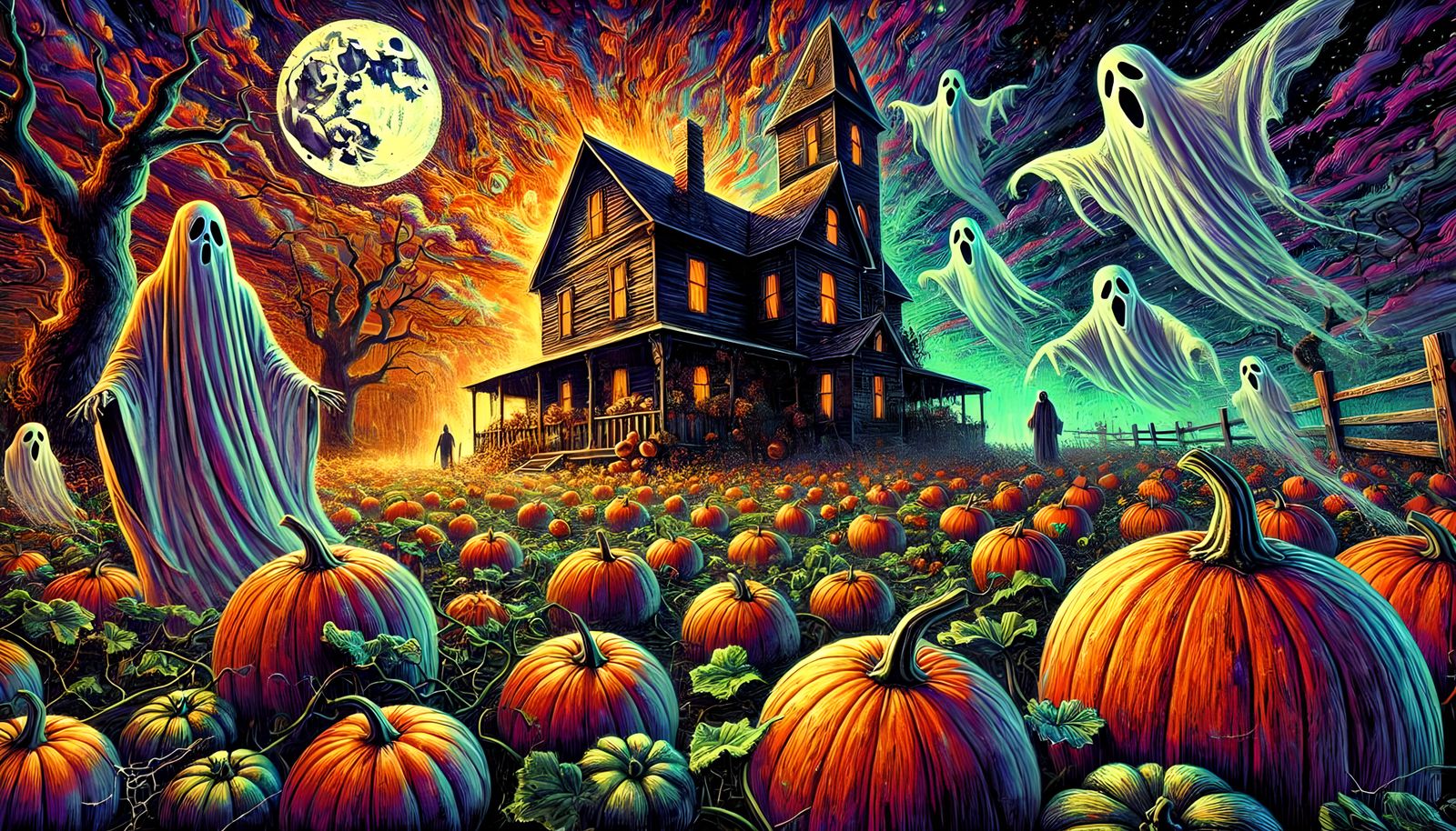 Vibrant Haunted House and Pumpkin Patch