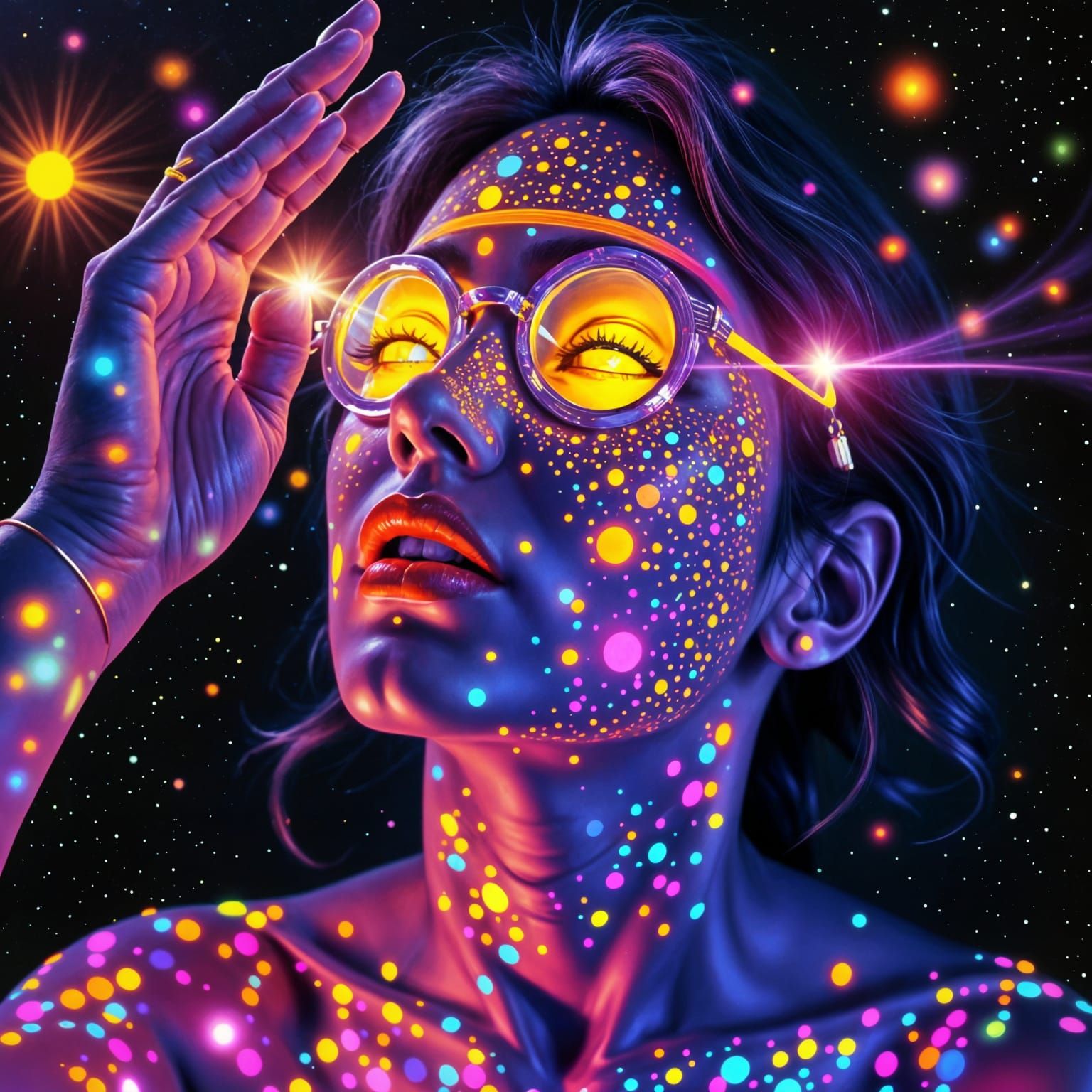 Spectrum Cosmic Serenade: Oldschool Techno Sound Trance Psychedelic Ecstasy Artwork: (UP CLOSE Portrait of a young beauty:1.4). Tile sun, gl...