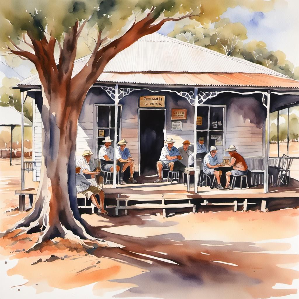 a watercolour and ink drawing of a Queensland outback pub, shady ...