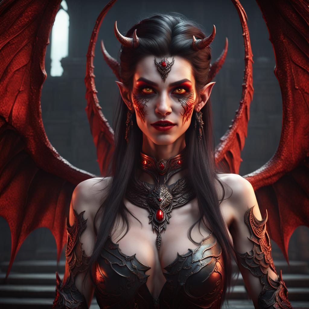 a stunningly beautiful female demon with wings, large pointy...