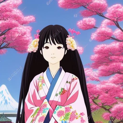 Woman in Kimono, Ghibli-esque Anime Art
