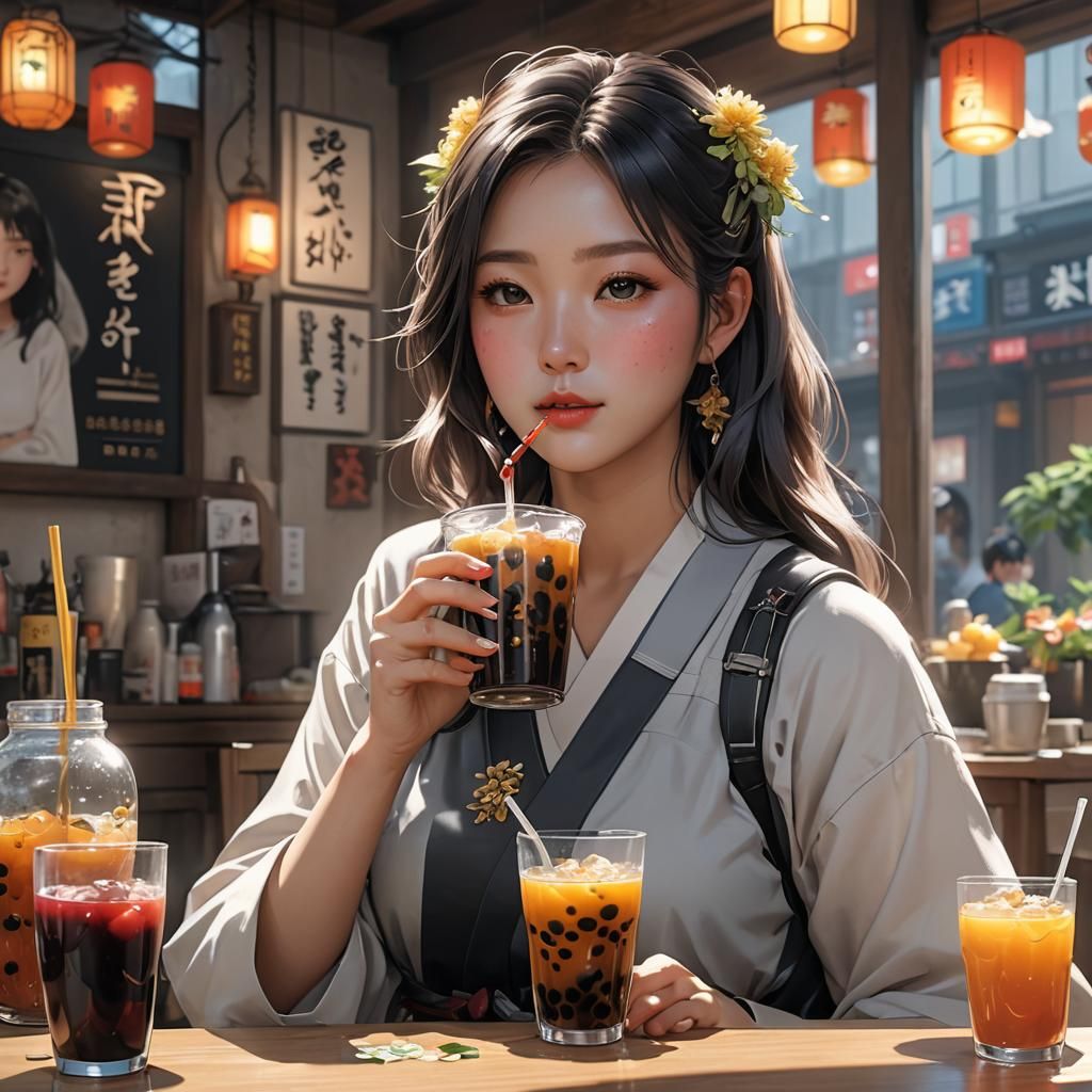 Korean Girl Drinking Boba: 3D Anime Art