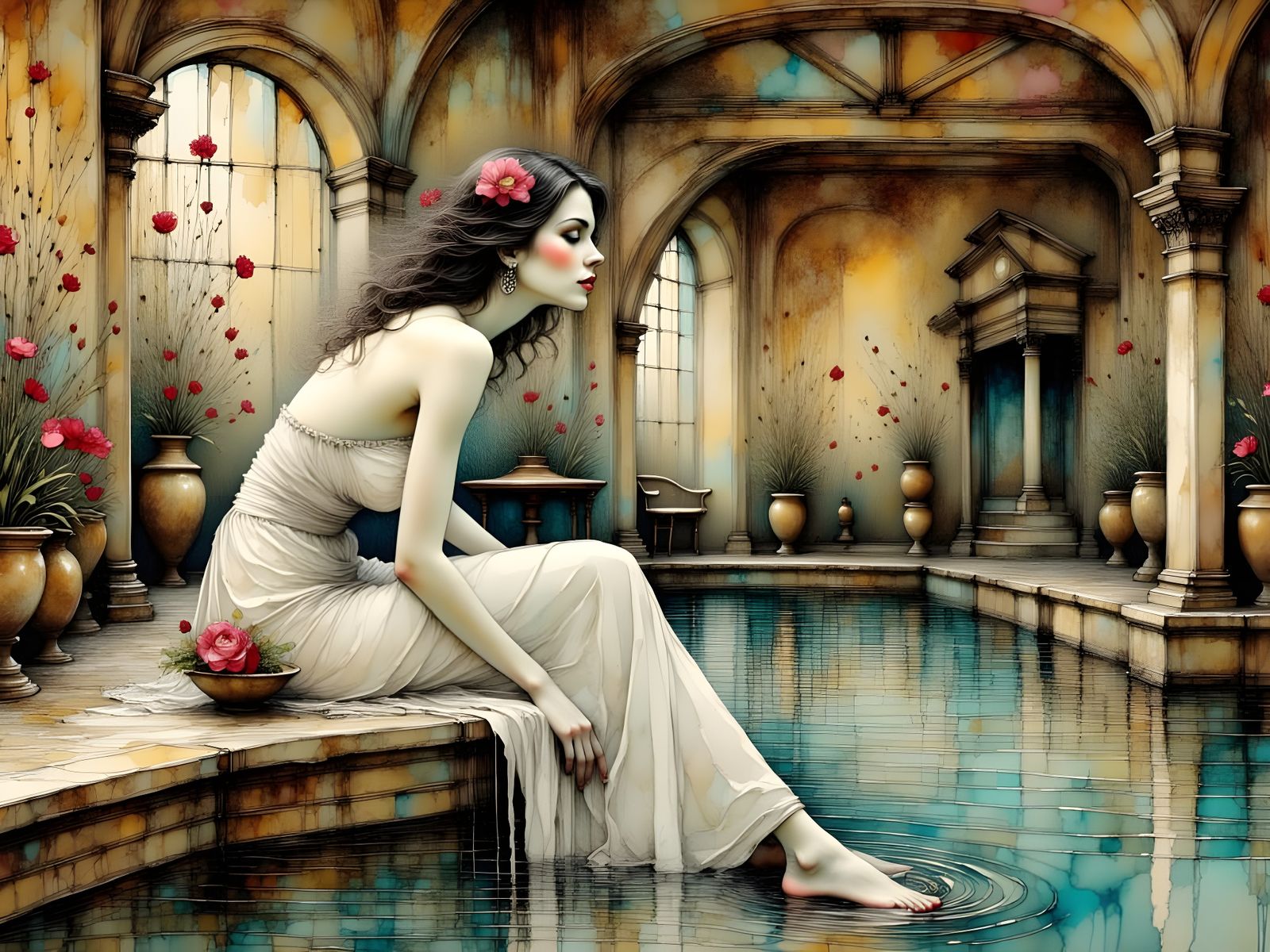 <lora:Lauras Romance:1.0> <lora:Ink Poet:1.0> woman with detailed face in a bathhouse draped in a white sheet sitting at the edge of the poo...