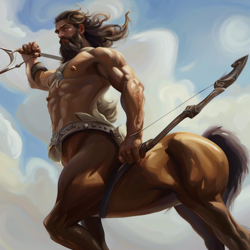 Chiron Mythical Centaur archer by Greg Rutkowski and Daniel Dociu,  sunny day, beautiful sky nice clouds. ... false
