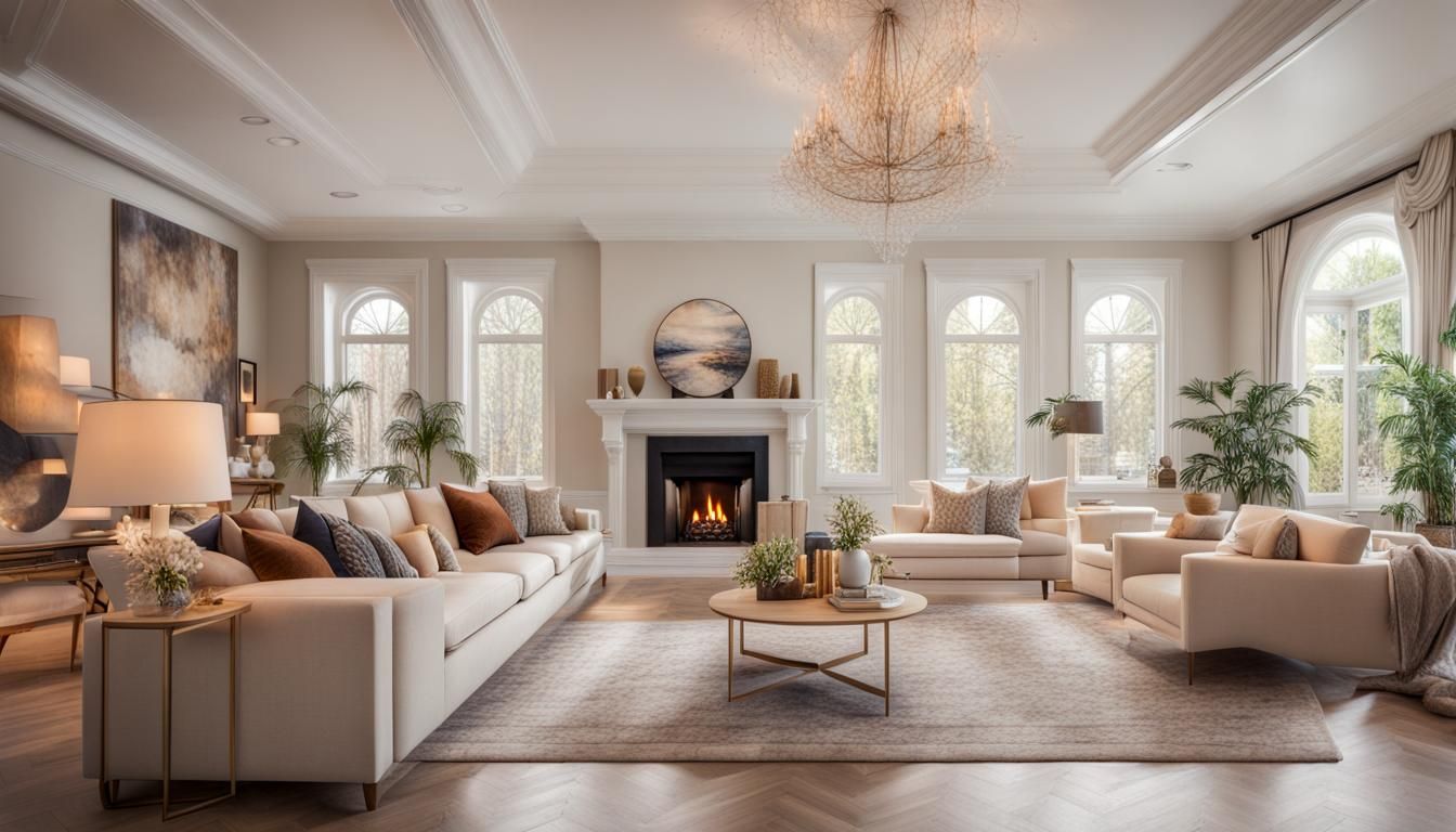 Maximalist Decor Design. Large Livingroom With Fireplace. Main Color 