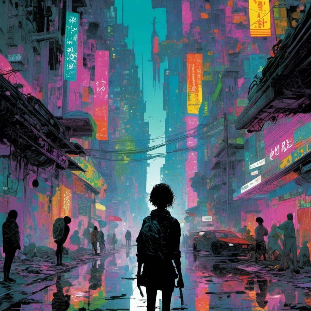 <lora:cMark:1.0> ground level shot,  : maximalism science fiction cover illustration : silhouette in a street of futuristic city, thin and...