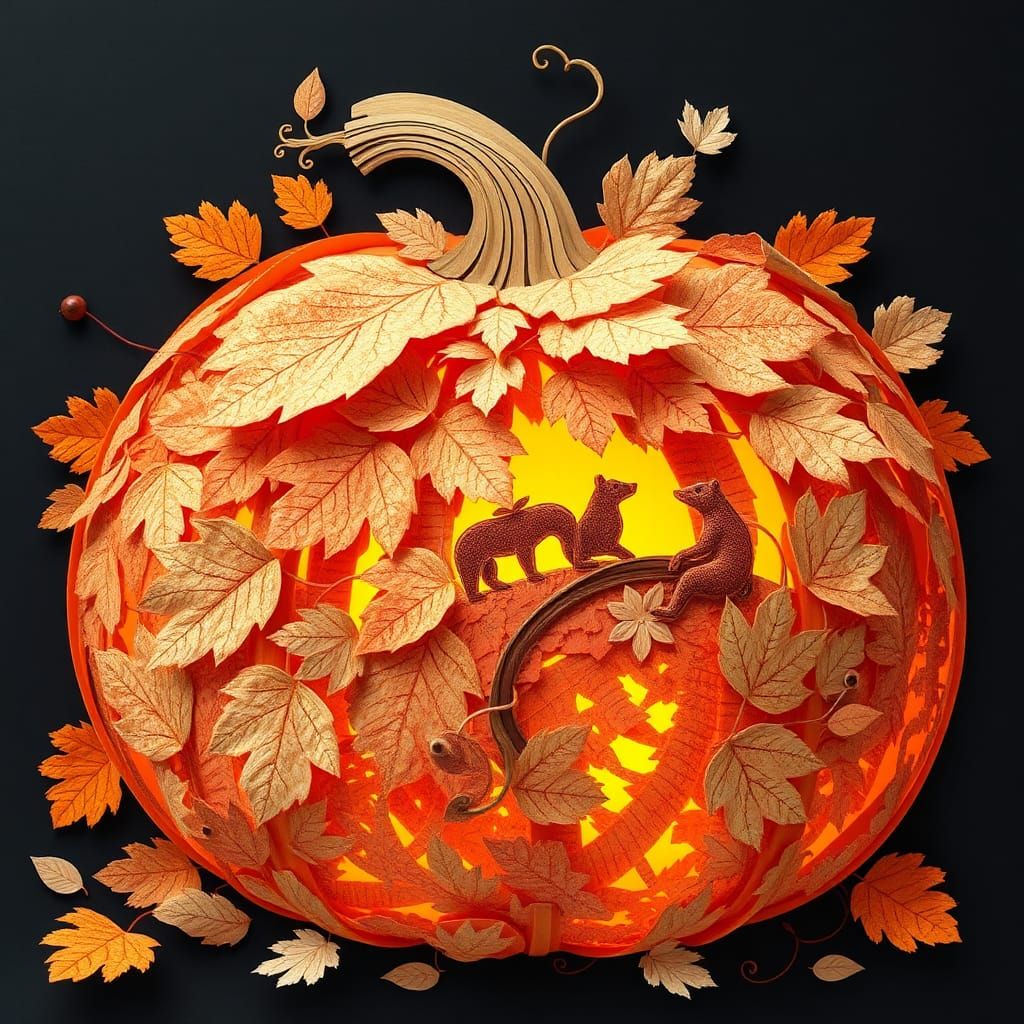 A collage paper cut shaped texturized crafted detailed shining of a pumpkings Made by Leaves and bears, ...  by @Omarito 