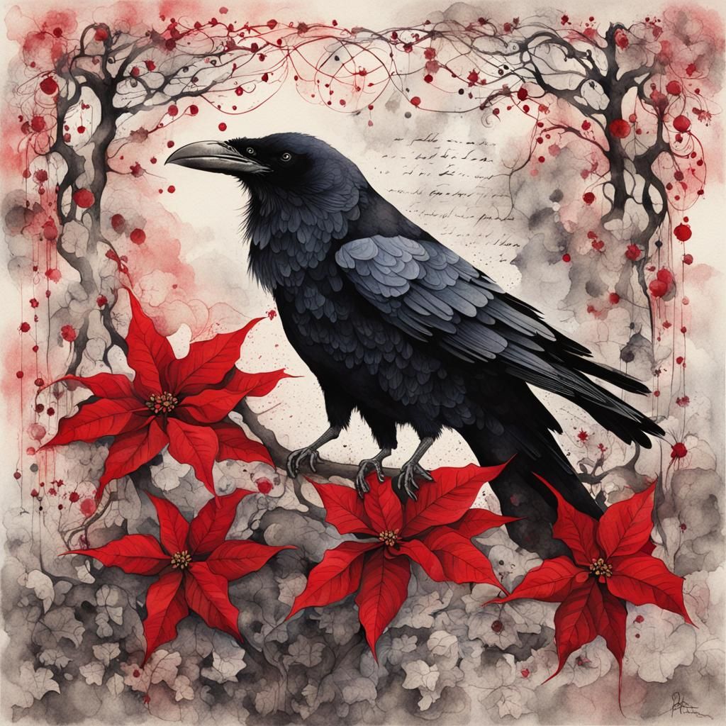 muted color wet ink black and red  raven on a tree" wet wash wet on wet dripping ink watercolor ink splatter ...  by @Adu entertainment
