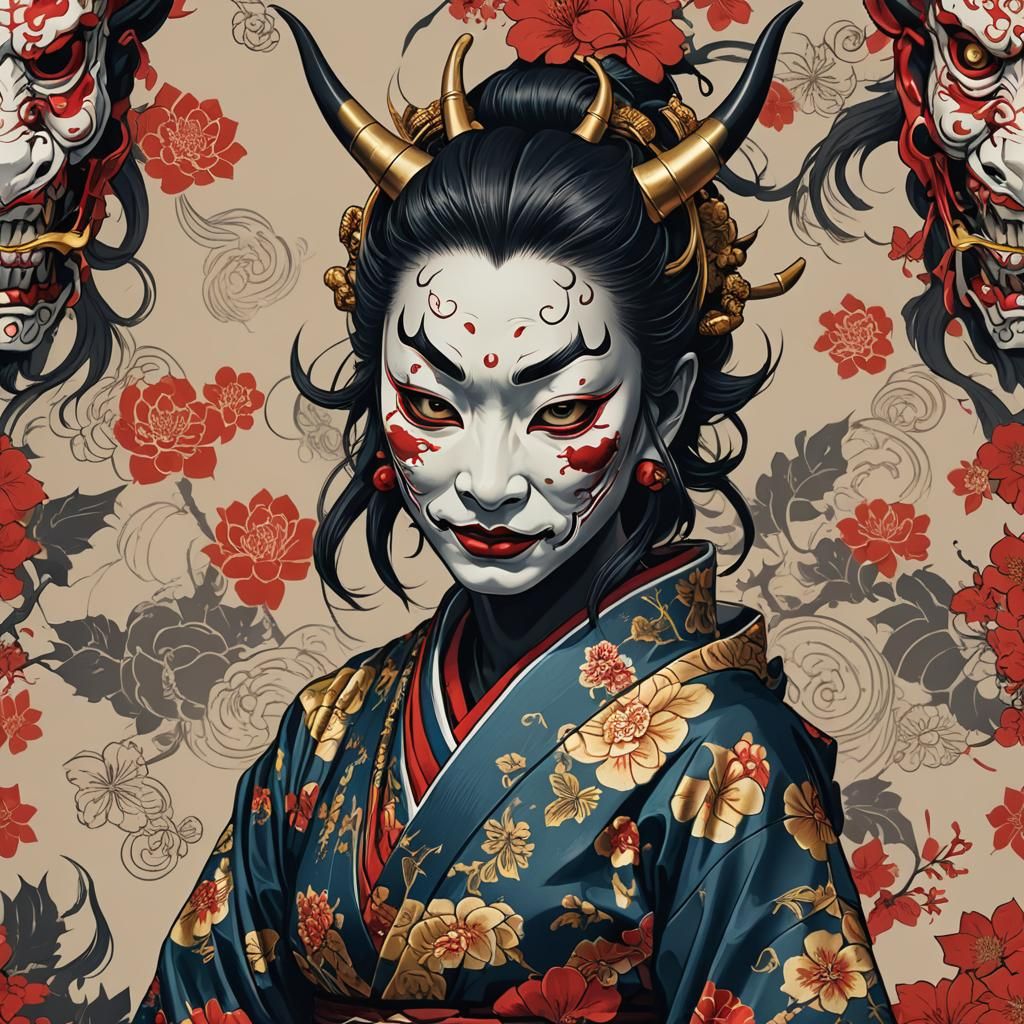 Hannya Masked Girl in Japanese Samurai Style