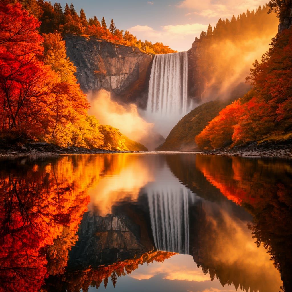Majestic Waterfall in Autumn Splendor at Golden Hour