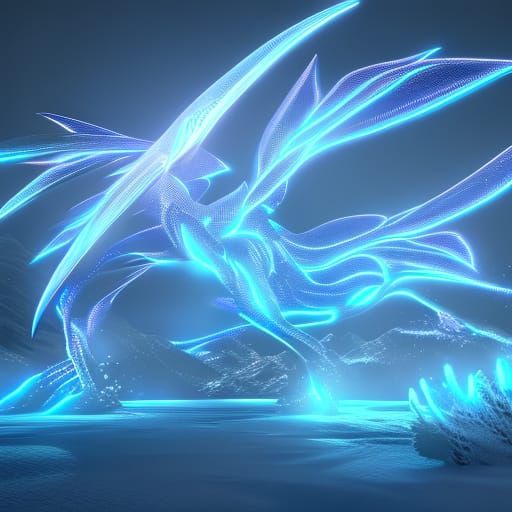 blue bioluminescent creature made of glass