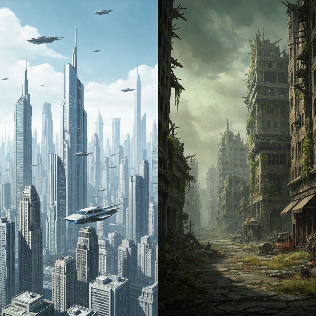 A split image: on one side, a pristine, futuristic cityscape with gleaming skyscrapers and flying vehicles, ...  by @Thyke