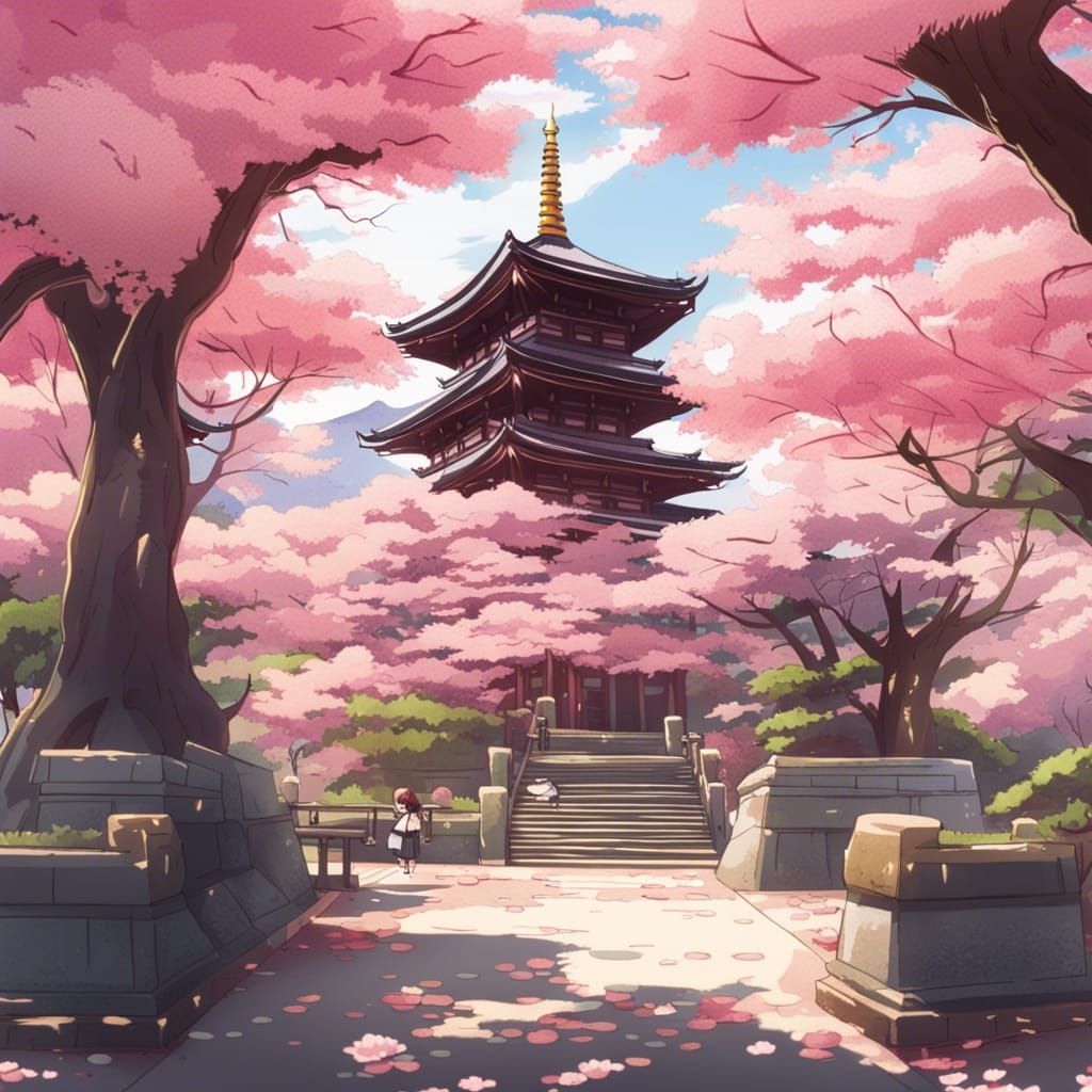 Japanese temple in the park with cherry blossom trees AI Generated