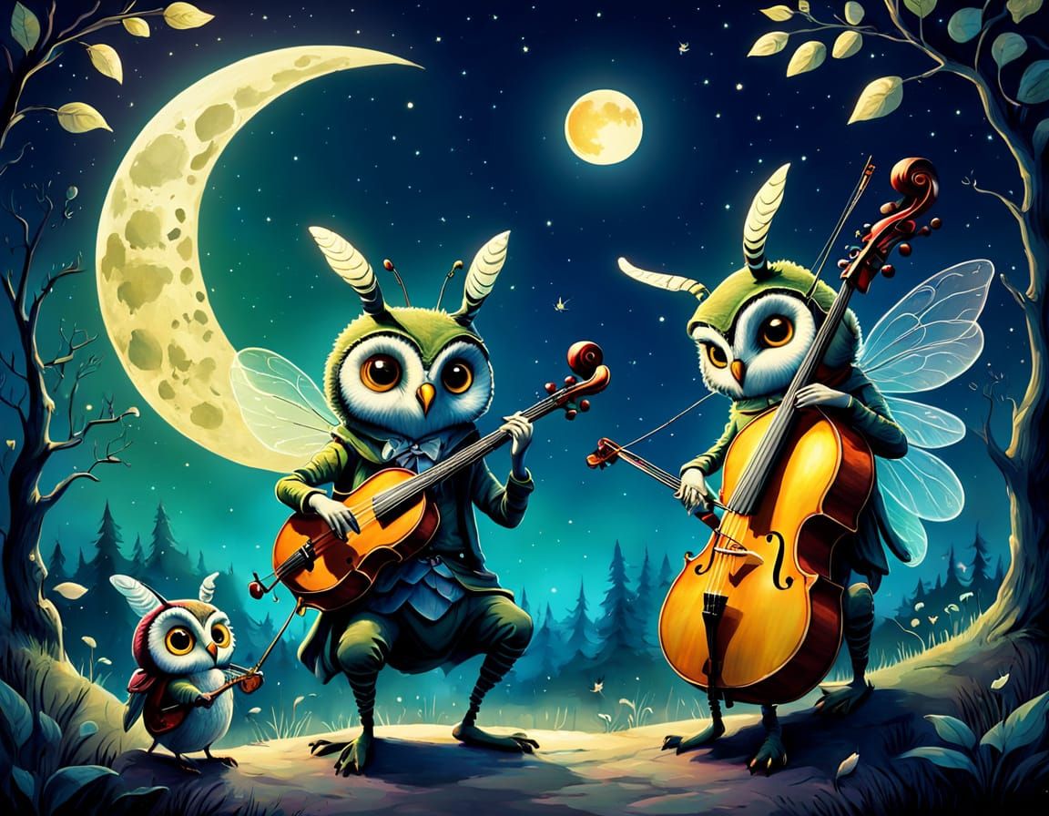 The image is an illustration featuring anthropomorphic insects playing musical instruments under the night sky, with a whimsical and fantast...