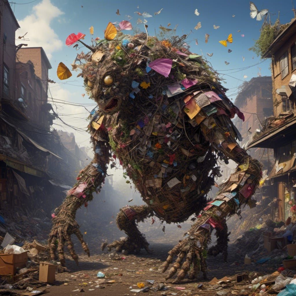 <lora:BBOX Litter Critter:1.0> focus on a creature made entirely of litter.

hulking shapes, these twisted and ungrateful mannequins gathere...