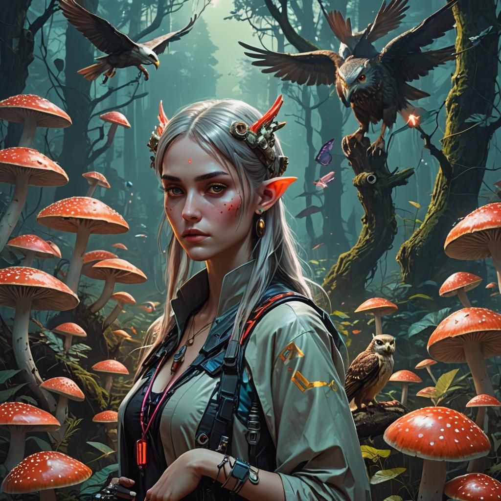 A elf goddes in the forest with amanita mushrooms and dear a...