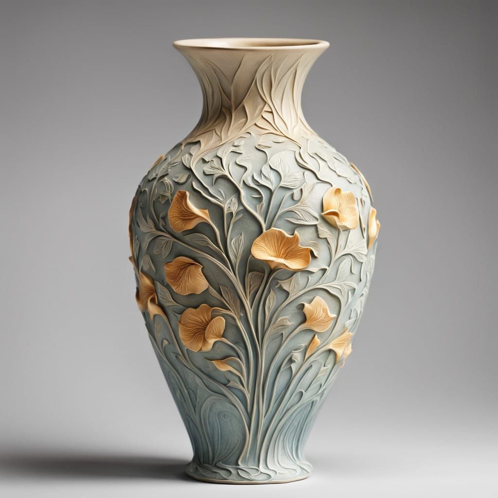 A beautiful finely carved clay vase with floral décor  by @evinrude