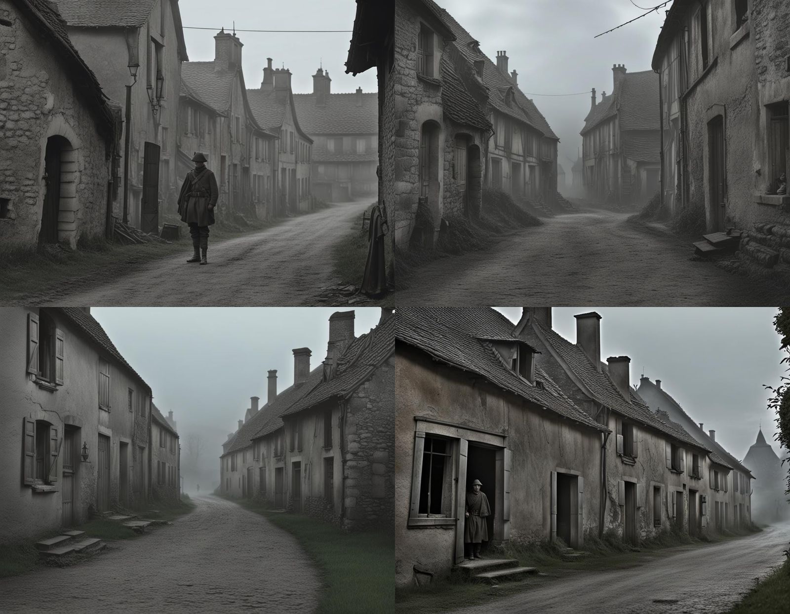 ww1 ghosts in french village, 4k hyperdetailed, gloom, 