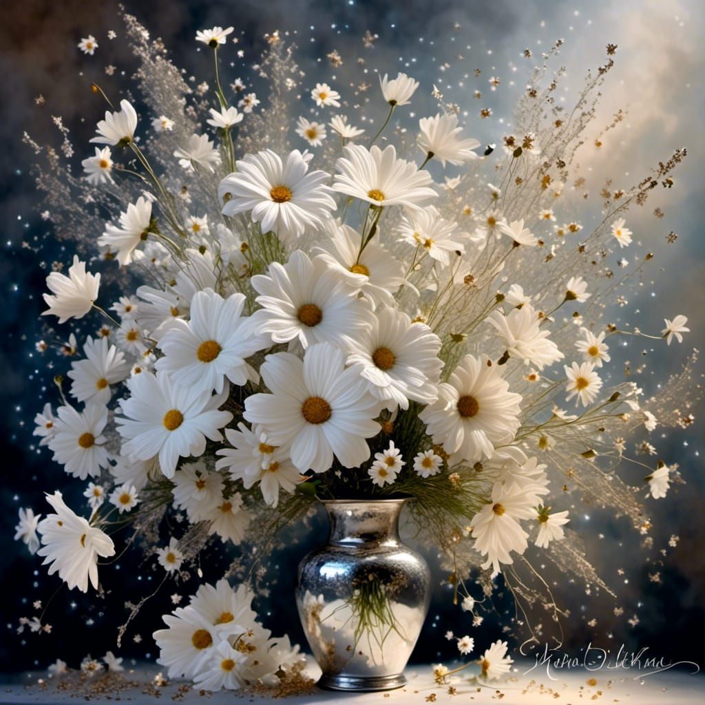 <lora:Glitter sparkle star:1.0> Bouquet of white flowers, vase with white flowers , rainbow cosmos, electrical sparkles, silver smoke, misty...