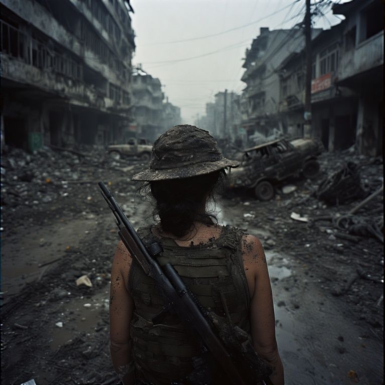 View of a dark, dimly lit, bombed-out dystopian city street. War Photography, Conflict Zone