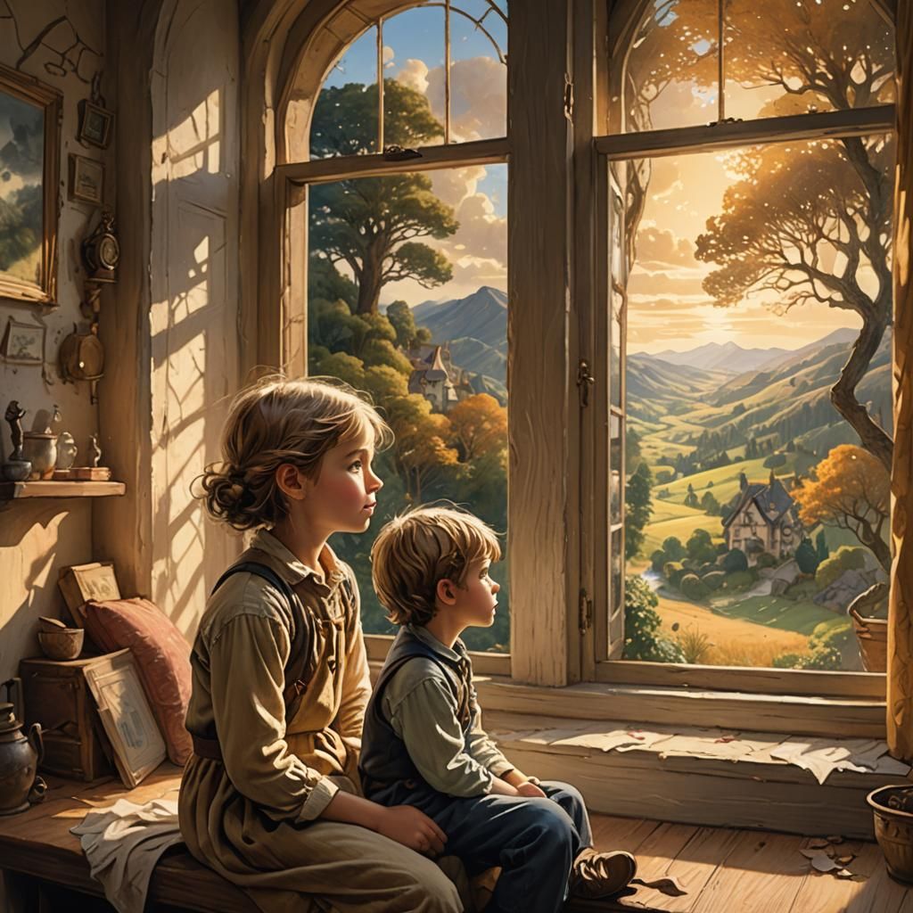Child Gazing at Fantasy Landscape, Matte Painting