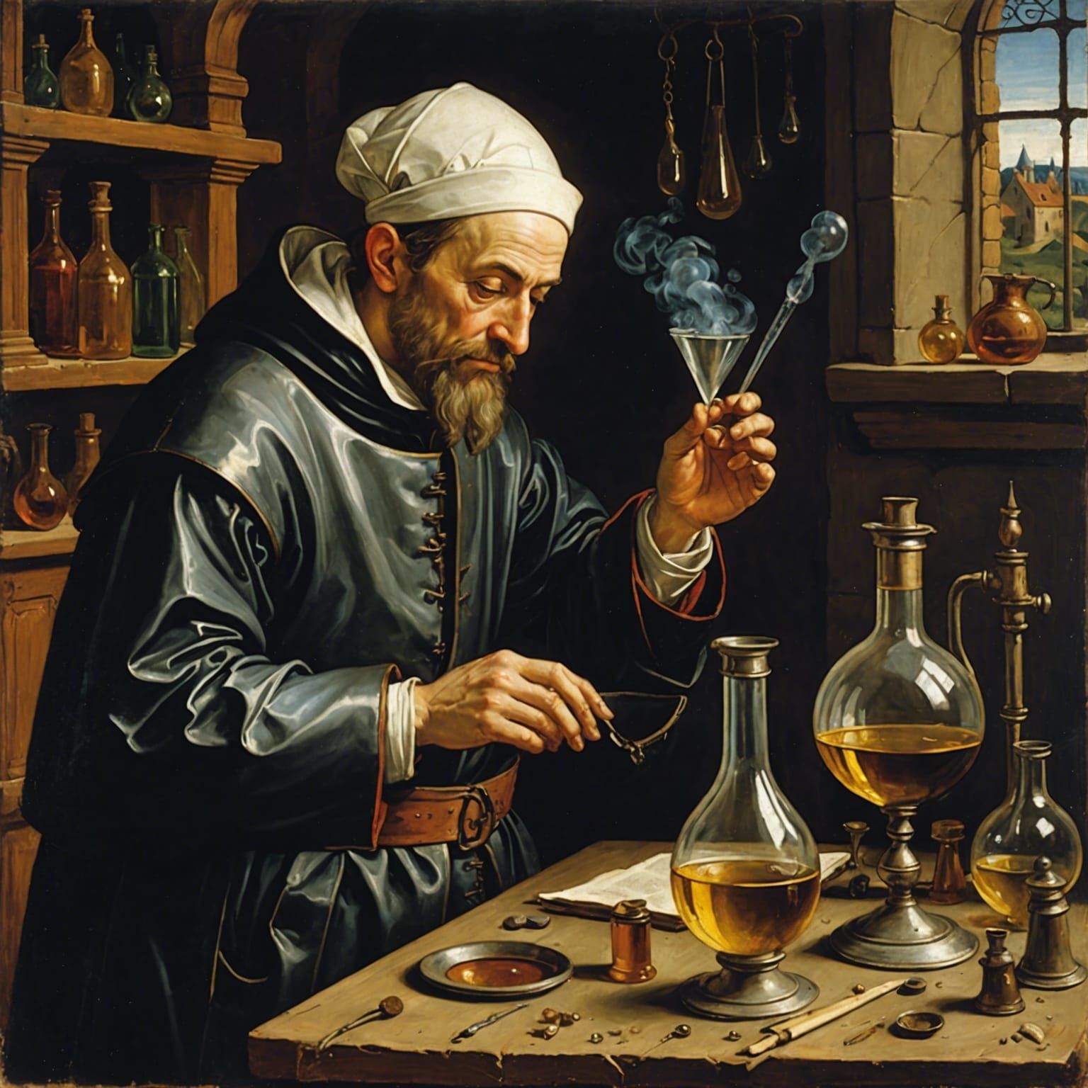 Alchemist doing experiments with quicsilver, 15th century oil paintaing  by @viisipuu