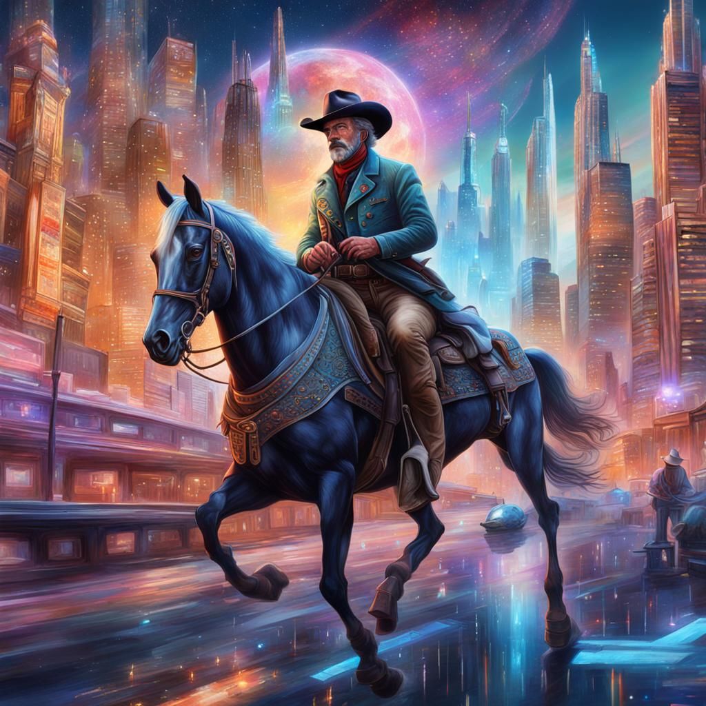 A hyper-realistic old-time cowboy from the 1850's rides his horse through a ultra-modern futuristic city. 8k resolution holographic astral c...
