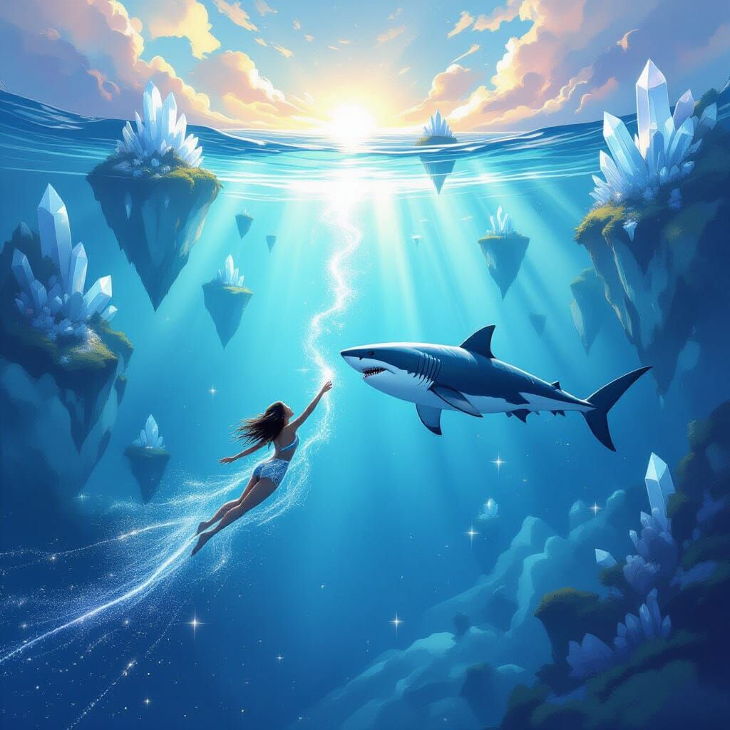 An ethereal swimmer and a great white shark glide through a celestial river, their body trailing stardust and shimmering light.  
The river ...