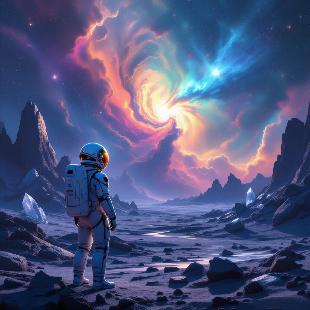 A lone astronaut stands on a desolate, alien planet, gazing up at a breathtaking nebula, with swirling clouds of cosmic dust and vibrant col...