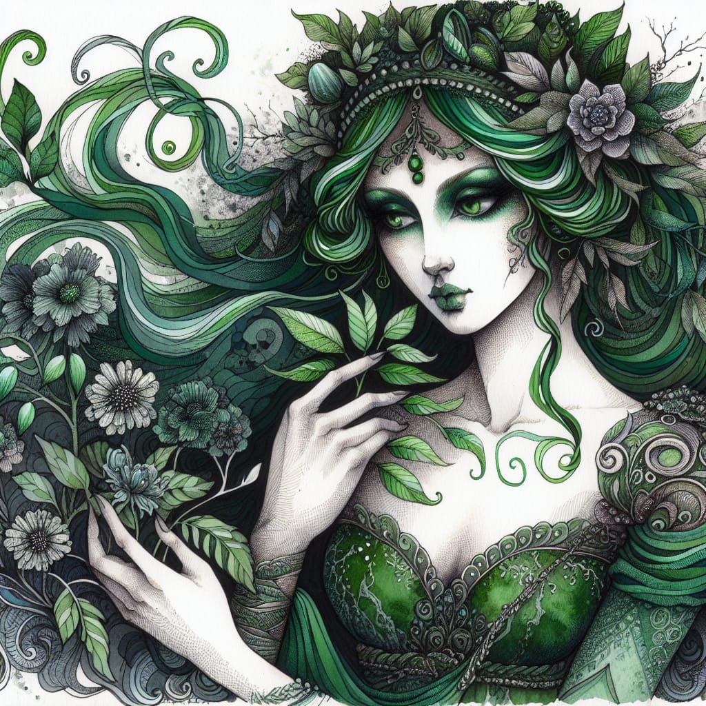 Green goddess with green hair and green eyes and beautiful e...