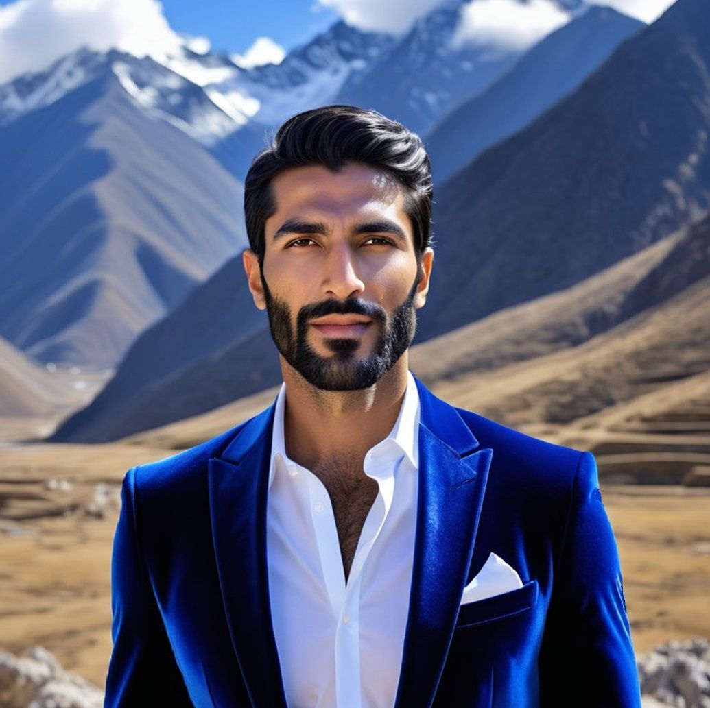 Munīr · منير  ·  a handsome man with   black  beard   wearin...