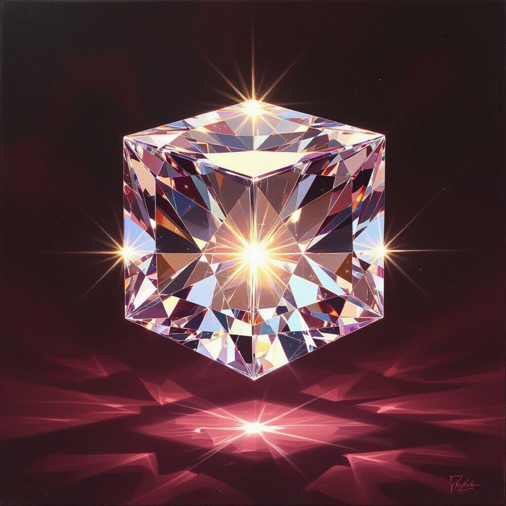 Diamond cube against mottled maroon and black background retracting light  by @RSA2
