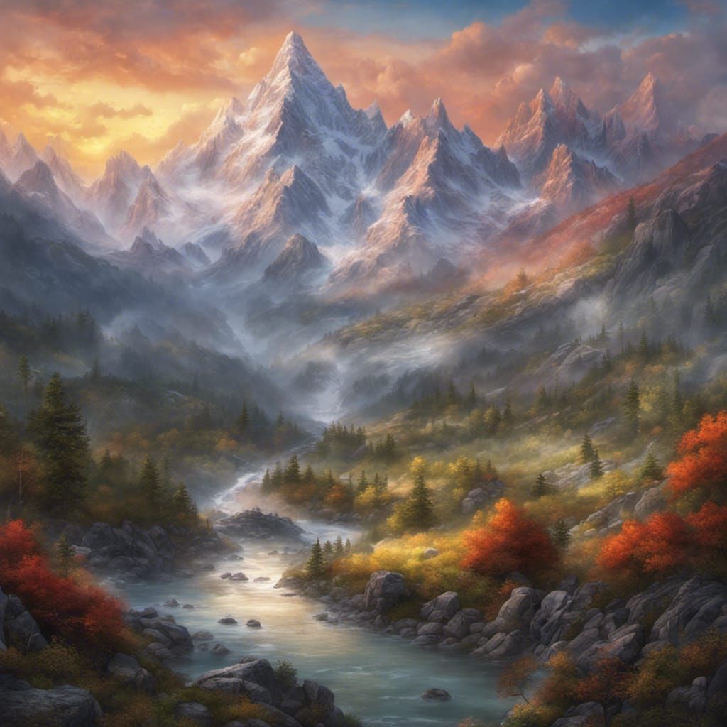 breathtaking mountainous landscapes, capturing the wonder of tall peaks, serene valleys, and cascading ... false