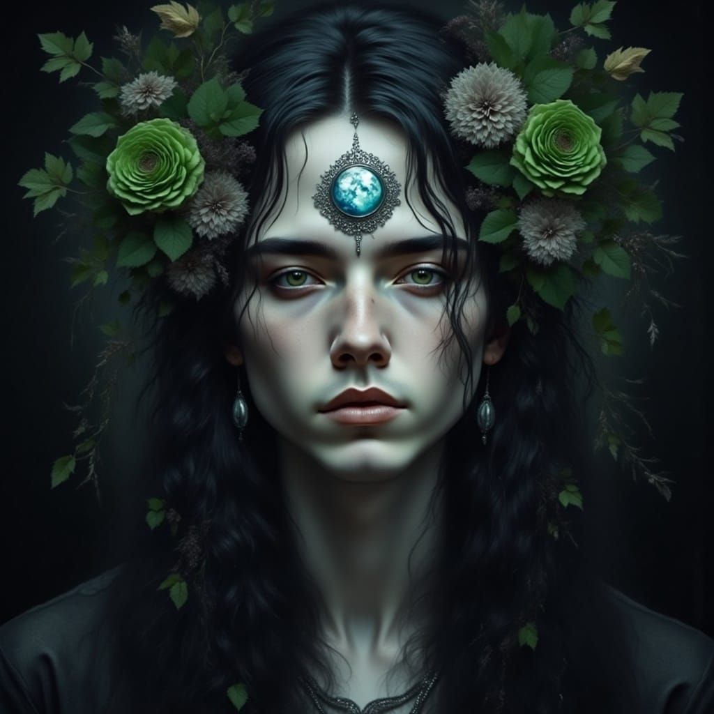 <lora:Floral Intensity:1.0>  Ethereal mystic painting, goth man with long hair pagan feel, close up portrait, small glowing blue silver real...