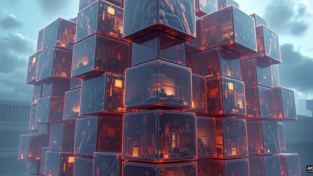 Large 3D cubes stacked on top of each other, each cube is a singular hyper realistic, environment within itself, 3D Game Cinematic Feel, Epi...