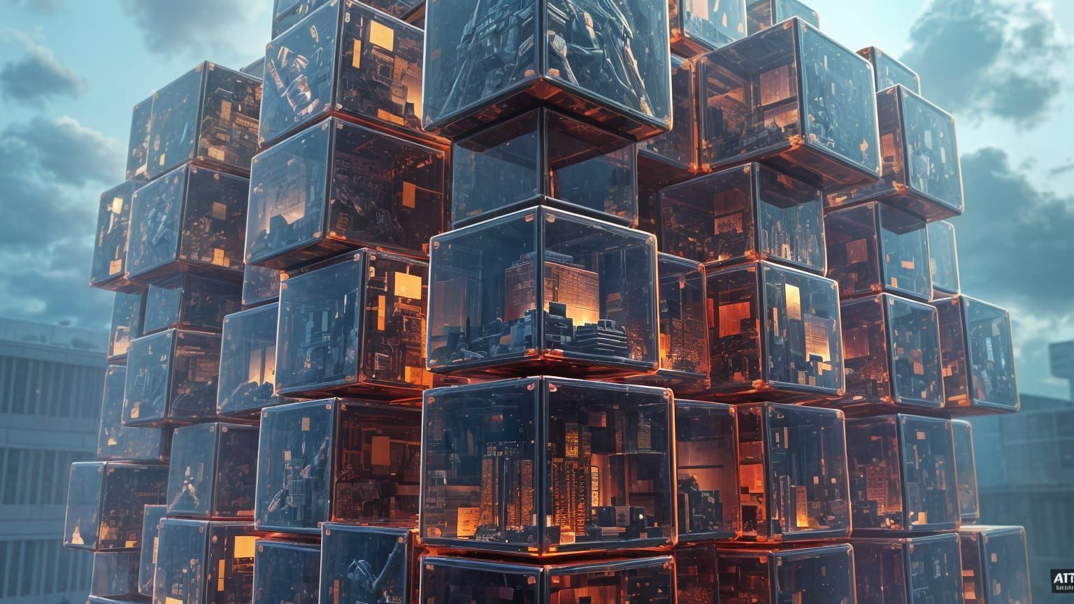 Large 3D cubes stacked on top of each other, each cube is a singular hyper realistic, environment within ...  by @The Carlyle