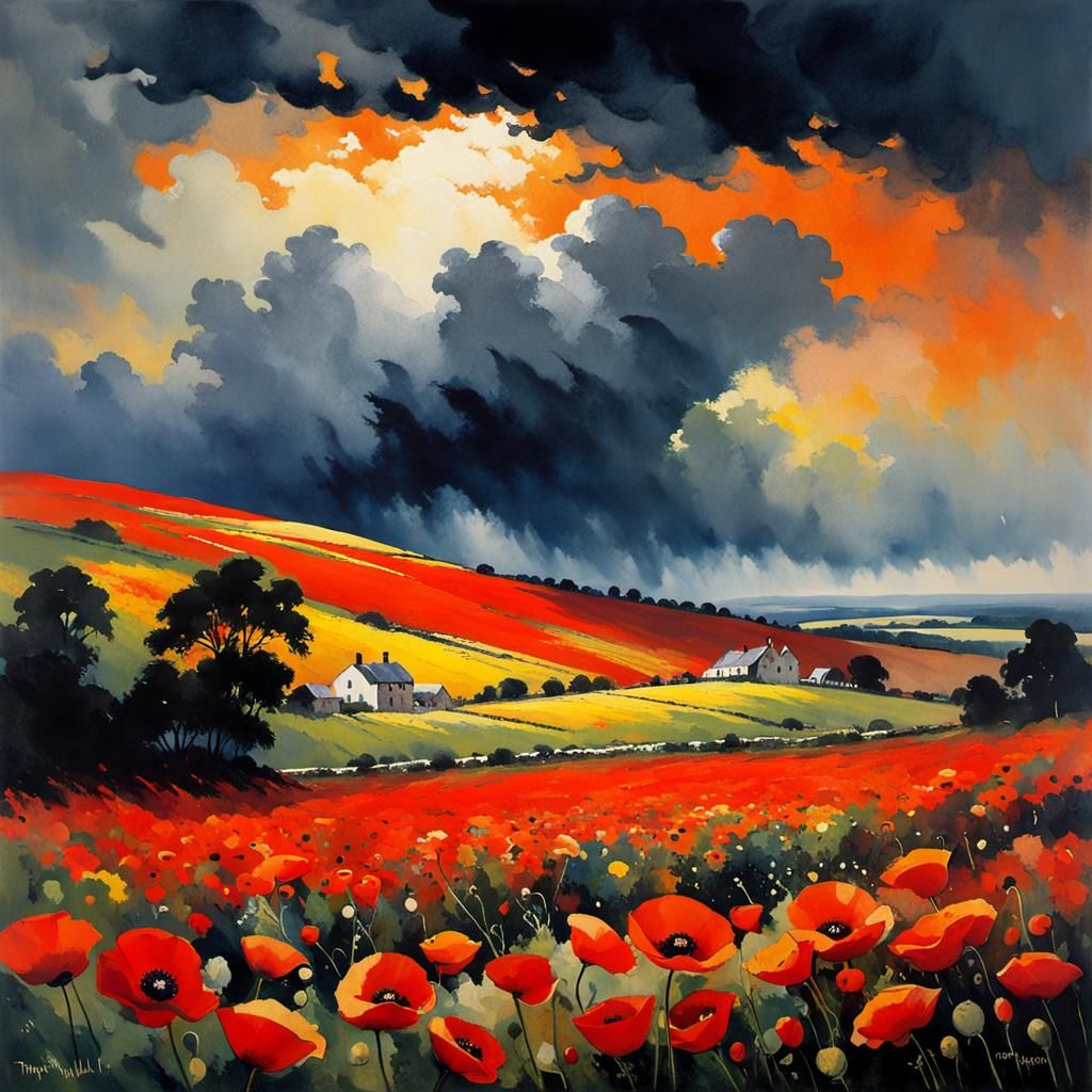 storm over the poppy field, by Thomas Wells Schaller, Emil N...