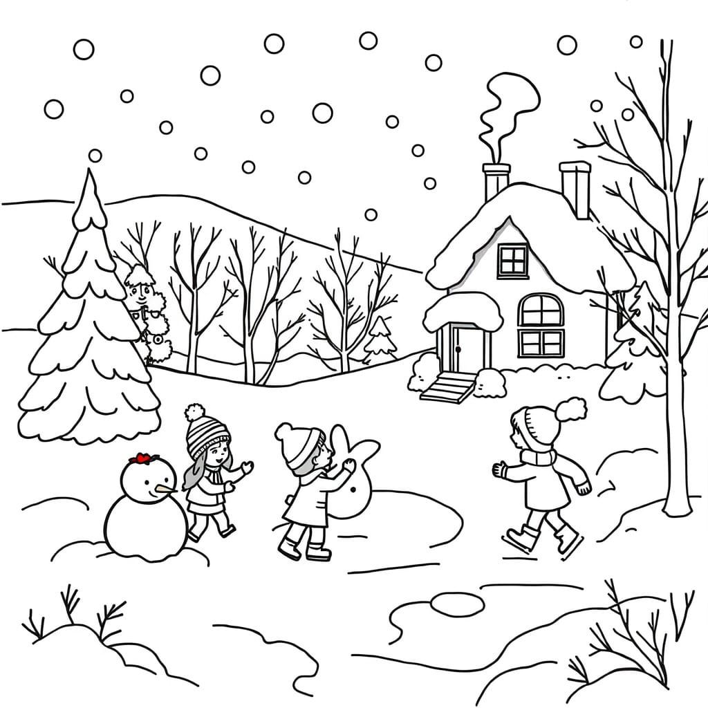 Winter Wonderland Coloring Page in Simple Shapes
