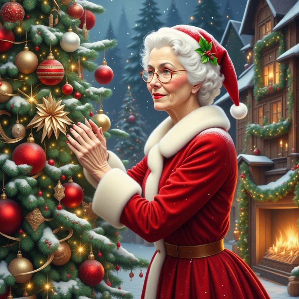 Grandmother Decorates Snowy Christmas Tree in Storybook Styl...