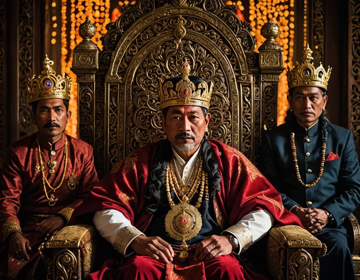 A Nepalese king on his throne, surrounded by his family and ministers ...