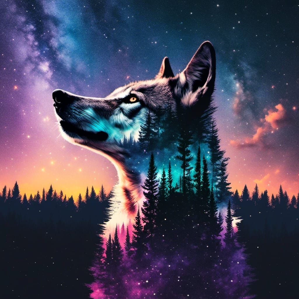 <lora:DUBLEX:1.0> Wolf+Double exposure sunset+galaxies 
