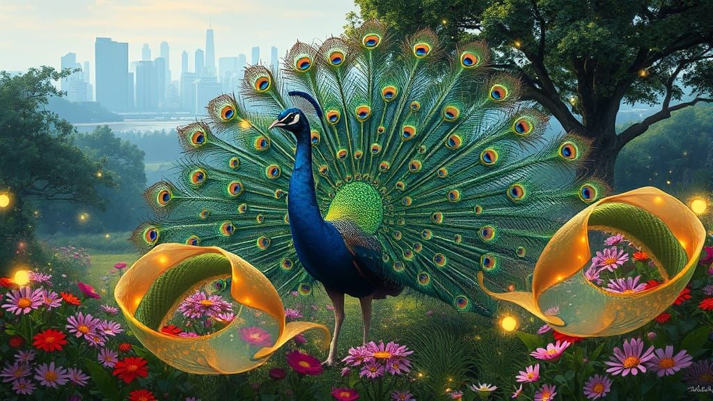 Ethereal Peacock in Vibrant Blooming Garden