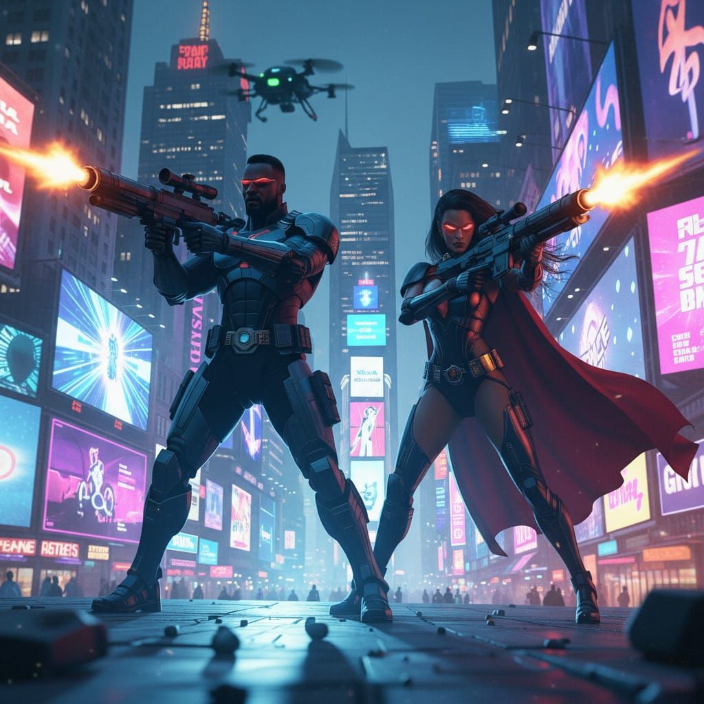 A  Nubian superhero and Superheroine firing their bazooka weapon at the attacking AI drones and robots. The heroes are standing on a futuris...