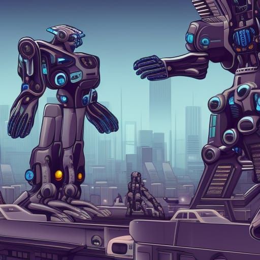 Cybernetic gangsters hanging out in a futureistic city. Mech...