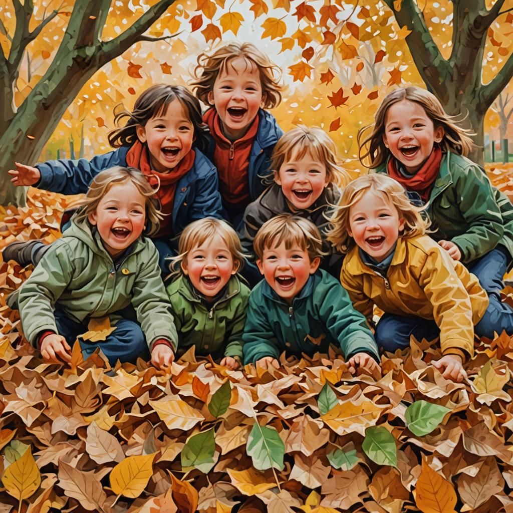 A group of children playing in a pile of leaves. 
