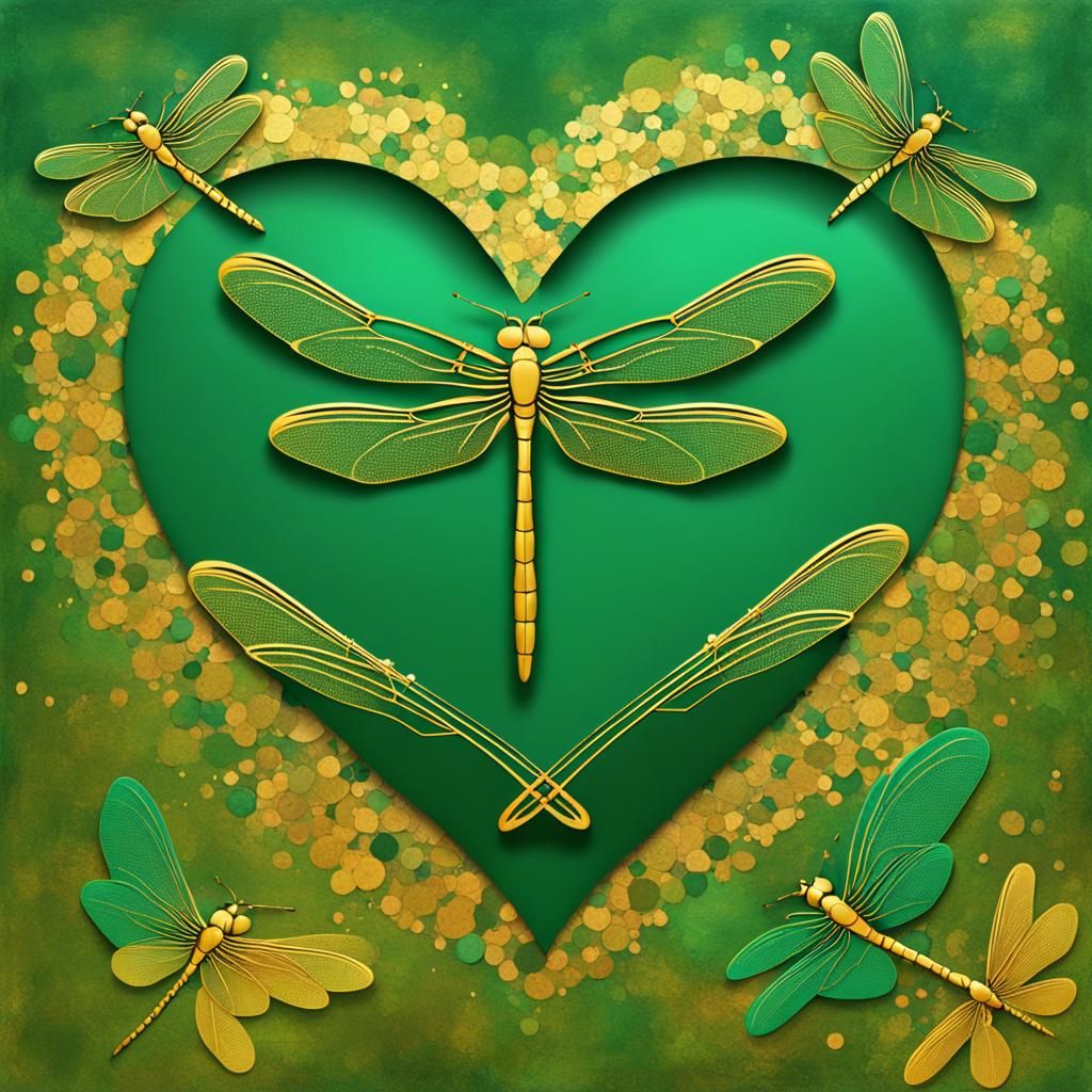 dragonflies create a heart shape with phthalo green and gold background ...