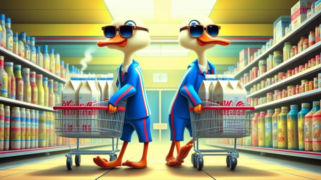 <lora:Naivepunk V2:1.0> Two anthropomorphic ducks wearing sunglasses and blue tracksuits pushing shopping carts filled with milk cartons in ...