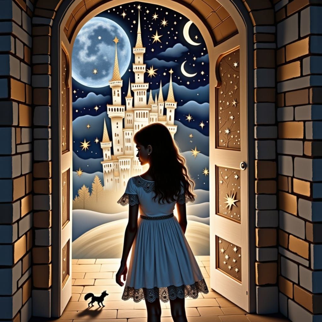 <lora:Art Duced:1.0>  A delicate, dreamy little girl with a gentle smile and sparkling eyes, dressed in a flowing nightgown with a tiny tiar...