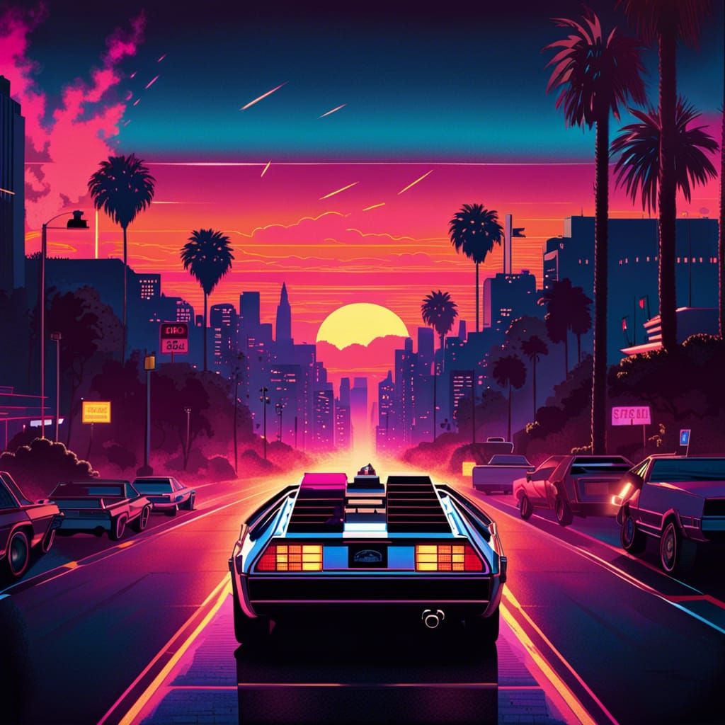 delorean driving into sunset on Sunset Boulevard in the 80s  by @Tecpaocelotl Castillo